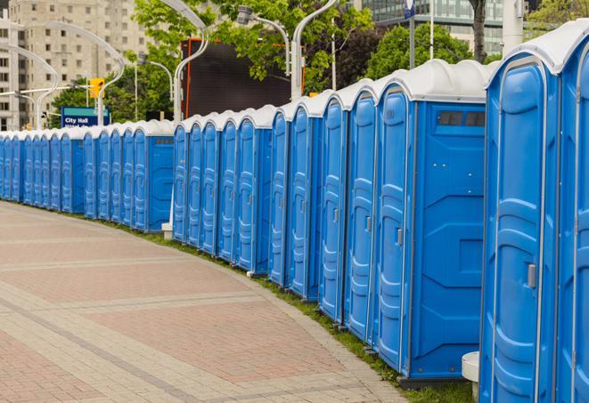 Seasonal porta potty units set up at a San Leandro, California venue