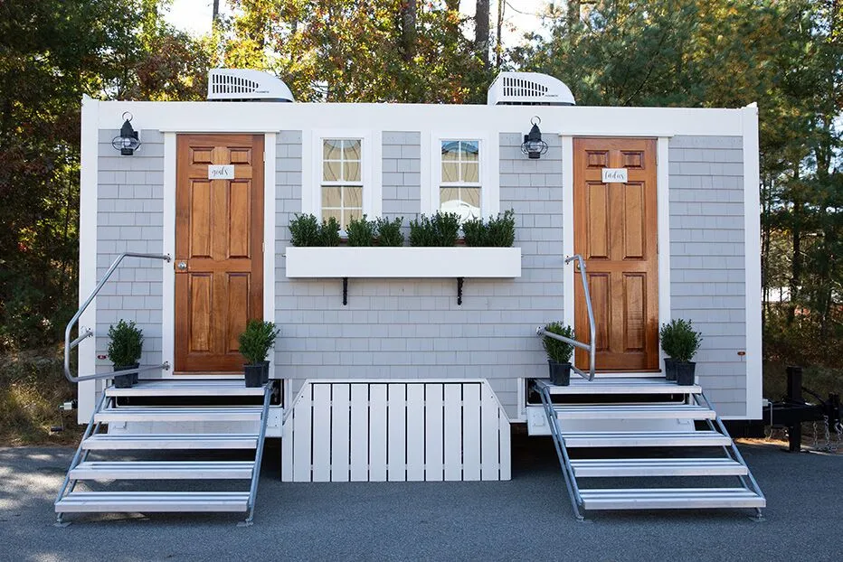 Wedding restroom units discretely staged at a venue in San Leandro, California